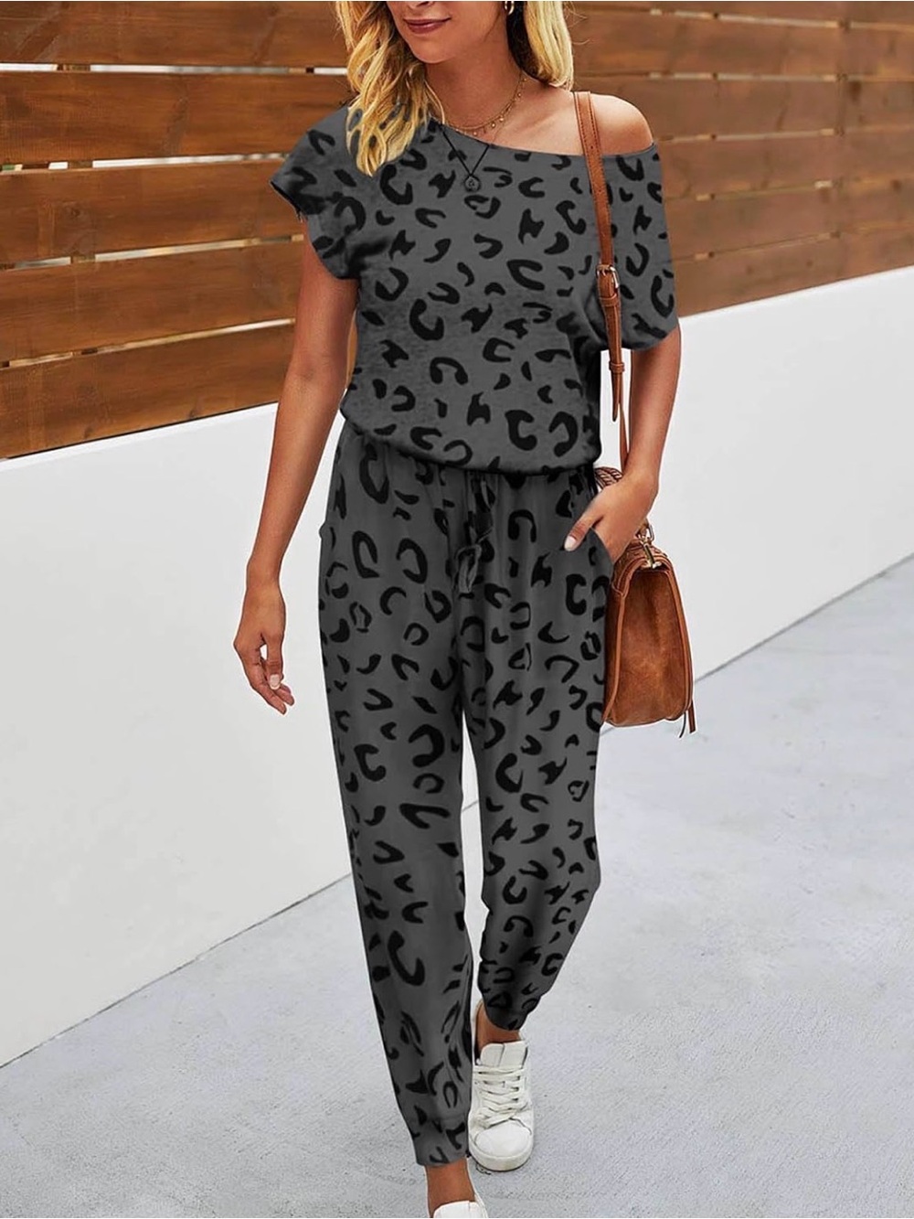 Off-Shoulder Leopard Print Jumpsuit in Charcoal Gray